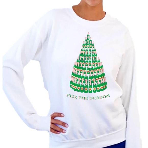 Gildan Tops - White Crewneck Sweatshirt Fizz‎ The Season Champagne Bottle Christmas Tree